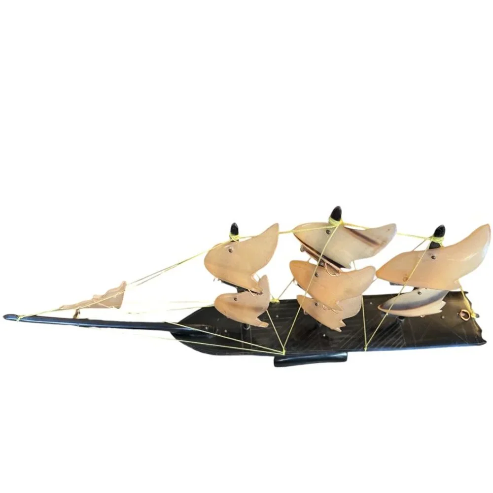 Rare! Large Vtg Bone and Horn Sailboat Hand-Engraved Inlay 17.5" long x 12" tall - Picture 14 of 15